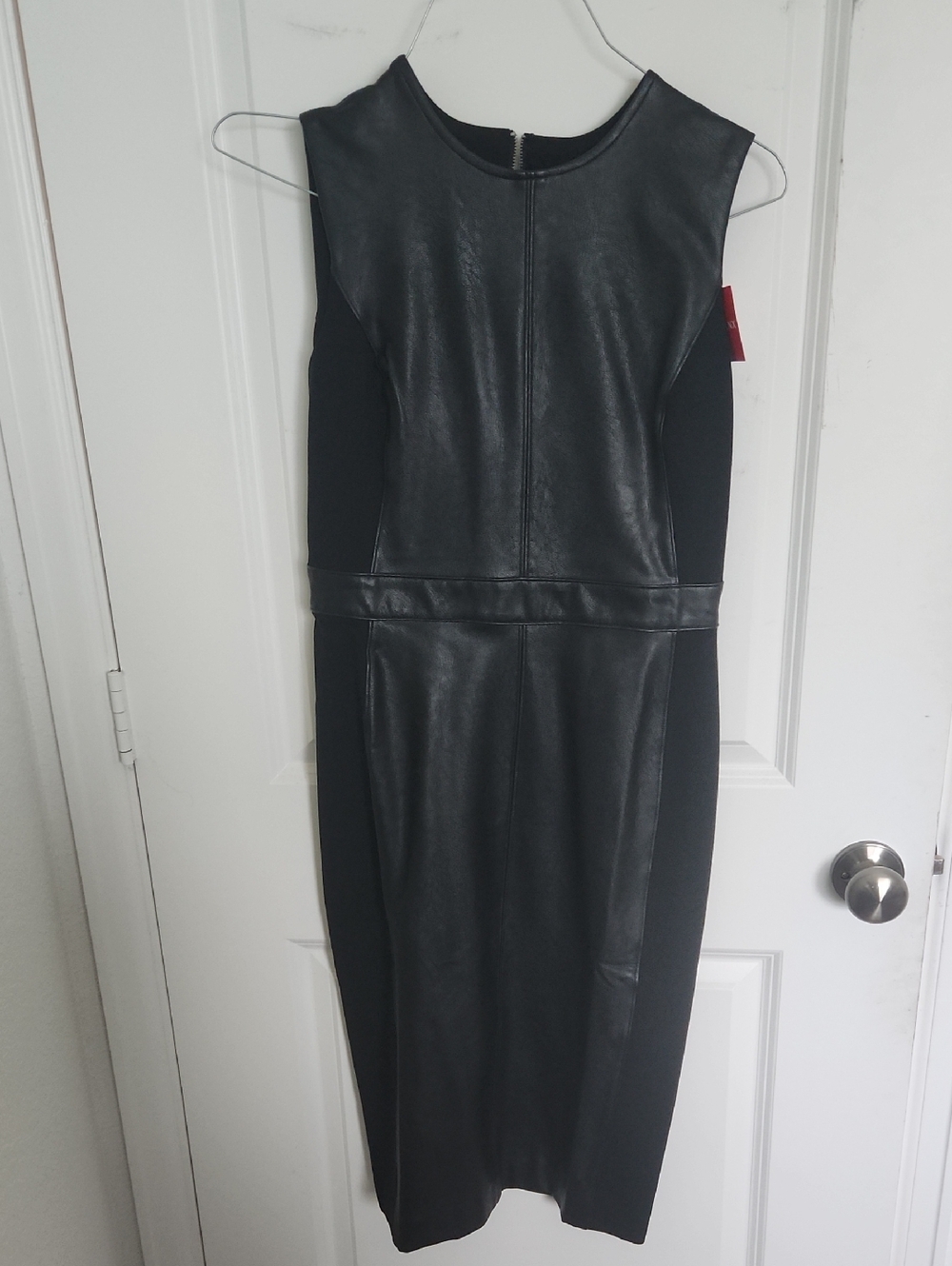 SPANX Black Faux Leather-Panel Midi Dress